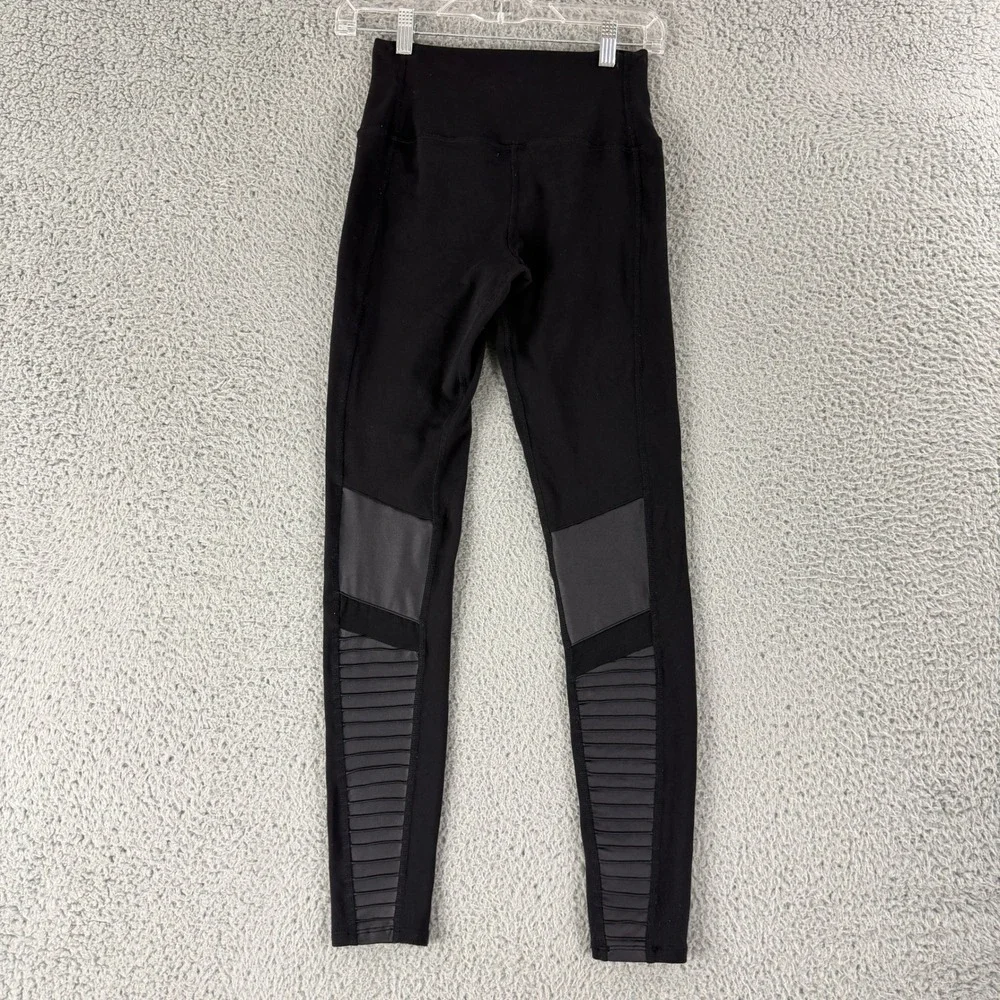 Alo Yoga Moto Leggings Womens Small Black‎ High Waist Pintuck Mesh Panel Spandex